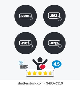 Top-level internet domain icons. Com, Eu, Net and Org symbols with hand pointer. Unique DNS names. Star vote ranking. Client like and think bubble. Quotes with message.