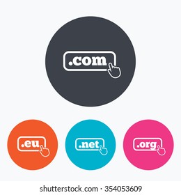 Top-level internet domain icons. Com, Eu, Net and Org symbols with hand pointer. Unique DNS names. Circle flat buttons with icon.