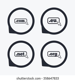 Top-level internet domain icons. Com, Eu, Net and Org symbols with cursor pointer. Unique DNS names. Flat icon pointers.
