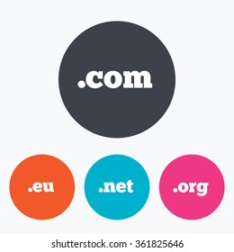 Top-level internet domain icons. Com, Eu, Net and Org symbols. Unique DNS names. Circle flat buttons with icon.