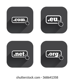 Top-level internet domain icons. Com, Eu, Net and Org symbols with hand pointer. Unique DNS names. Square flat buttons with long shadow.