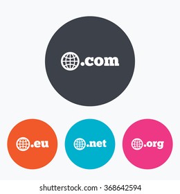 Top-level internet domain icons. Com, Eu, Net and Org symbols with globe. Unique DNS names. Circle flat buttons with icon.