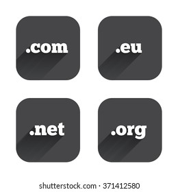 Top-level internet domain icons. Com, Eu, Net and Org symbols. Unique DNS names. Square flat buttons with long shadow.