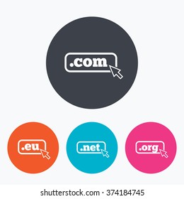 Top-level internet domain icons. Com, Eu, Net and Org symbols with cursor pointer. Unique DNS names. Circle flat buttons with icon.