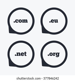 Top-level internet domain icons. Com, Eu, Net and Org symbols. Unique DNS names. Flat icon pointers.