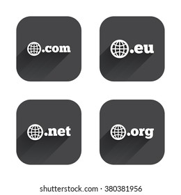 Top-level internet domain icons. Com, Eu, Net and Org symbols with globe. Unique DNS names. Square flat buttons with long shadow.