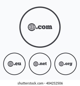 Top-level internet domain icons. Com, Eu, Net and Org symbols with globe. Unique DNS names. Icons in circles.