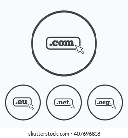 Top-level internet domain icons. Com, Eu, Net and Org symbols with cursor pointer. Unique DNS names. Icons in circles.