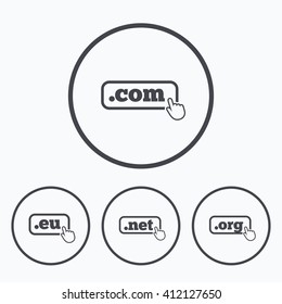 Top-level internet domain icons. Com, Eu, Net and Org symbols with hand pointer. Unique DNS names. Icons in circles.