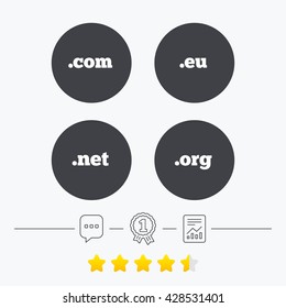 Top-level internet domain icons. Com, Eu, Net and Org symbols. Unique DNS names. Chat, award medal and report linear icons. Star vote ranking. Vector