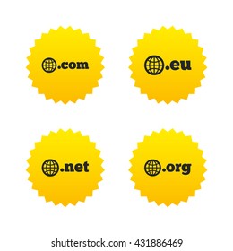 Top-level internet domain icons. Com, Eu, Net and Org symbols with globe. Unique DNS names. Yellow stars labels with flat icons. Vector