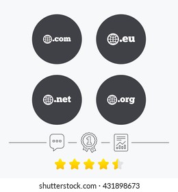 Top-level internet domain icons. Com, Eu, Net and Org symbols with globe. Unique DNS names. Chat, award medal and report linear icons. Star vote ranking. Vector