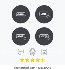 Top-level internet domain icons. Com, Eu, Net and Org symbols with hand pointer. Unique DNS names. Chat, award medal and report linear icons. Star vote ranking. Vector