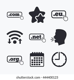 Top-level internet domain icons. Com, Eu, Net and Org symbols with hand pointer. Unique DNS names. Wifi internet, favorite stars, calendar and clock. Talking head. Vector