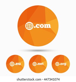 Top-level internet domain icons. Com, Eu, Net and Org symbols with globe. Unique DNS names. Triangular low poly buttons with shadow. Vector