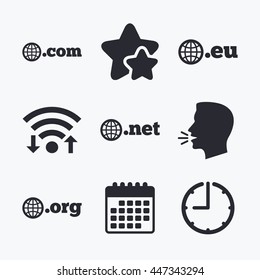 Top-level internet domain icons. Com, Eu, Net and Org symbols with globe. Unique DNS names. Wifi internet, favorite stars, calendar and clock. Talking head. Vector