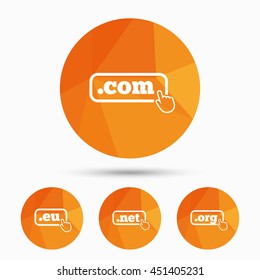 Top-level internet domain icons. Com, Eu, Net and Org symbols with hand pointer. Unique DNS names. Triangular low poly buttons with shadow. Vector