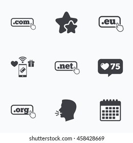 Top-level internet domain icons. Com, Eu, Net and Org symbols with hand pointer. Unique DNS names. Flat talking head, calendar icons. Stars, like counter icons. Vector