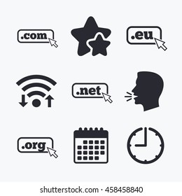 Top-level internet domain icons. Com, Eu, Net and Org symbols with cursor pointer. Unique DNS names. Wifi internet, favorite stars, calendar and clock. Talking head. Vector