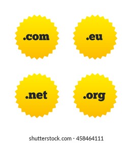 Top-level internet domain icons. Com, Eu, Net and Org symbols. Unique DNS names. Yellow stars labels with flat icons. Vector