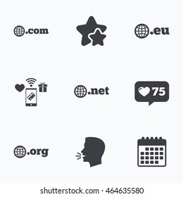 Top-level internet domain icons. Com, Eu, Net and Org symbols with globe. Unique DNS names. Flat talking head, calendar icons. Stars, like counter icons. Vector