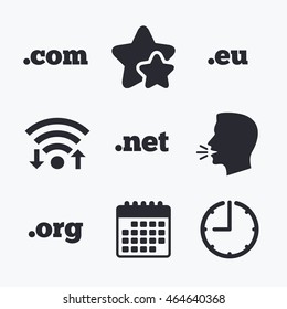 Top-level internet domain icons. Com, Eu, Net and Org symbols. Unique DNS names. Wifi internet, favorite stars, calendar and clock. Talking head. Vector