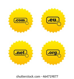 Top-level internet domain icons. Com, Eu, Net and Org symbols with hand pointer. Unique DNS names. Yellow stars labels with flat icons. Vector