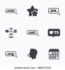 Top-level internet domain icons. Com, Eu, Net and Org symbols with cursor pointer. Unique DNS names. Flat talking head, calendar icons. Stars, like counter icons. Vector