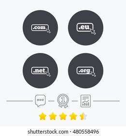 Top-level internet domain icons. Com, Eu, Net and Org symbols with cursor pointer. Unique DNS names. Chat, award medal and report linear icons. Star vote ranking. Vector