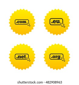 Top-level internet domain icons. Com, Eu, Net and Org symbols with cursor pointer. Unique DNS names. Yellow stars labels with flat icons. Vector