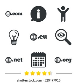 Top-level internet domain icons. Com, Eu, Net and Org symbols with globe. Unique DNS names. Information, light bulb and calendar icons. Investigate magnifier. Vector