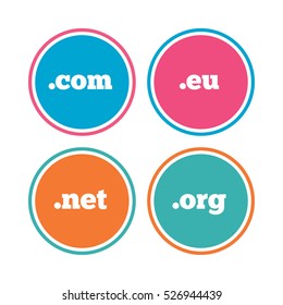 Top-level internet domain icons. Com, Eu, Net and Org symbols. Unique DNS names. Colored circle buttons. Vector