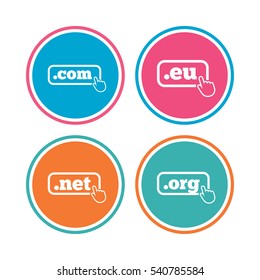 Top-level internet domain icons. Com, Eu, Net and Org symbols with hand pointer. Unique DNS names. Colored circle buttons. Vector