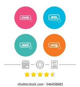 Top-level internet domain icons. Com, Eu, Net and Org symbols with hand pointer. Unique DNS names. Calendar, cogwheel and report linear icons. Star vote ranking. Vector