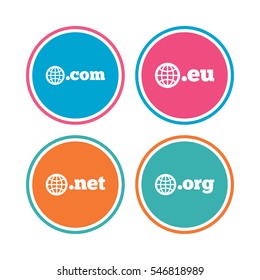 Top-level internet domain icons. Com, Eu, Net and Org symbols with globe. Unique DNS names. Colored circle buttons. Vector