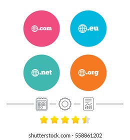 Top-level internet domain icons. Com, Eu, Net and Org symbols with globe. Unique DNS names. Calendar, cogwheel and report linear icons. Star vote ranking. Vector