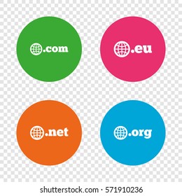 Top-level internet domain icons. Com, Eu, Net and Org symbols with globe. Unique DNS names. Round buttons on transparent background. Vector