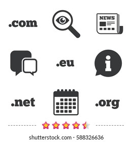 Top-level internet domain icons. Com, Eu, Net and Org symbols. Unique DNS names. Newspaper, information and calendar icons. Investigate magnifier, chat symbol. Vector