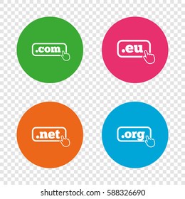 Top-level internet domain icons. Com, Eu, Net and Org symbols with hand pointer. Unique DNS names. Round buttons on transparent background. Vector