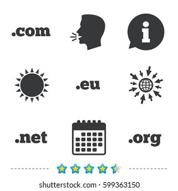 Top-level internet domain icons. Com, Eu, Net and Org symbols. Unique DNS names. Information, go to web and calendar icons. Sun and loud speak symbol. Vector