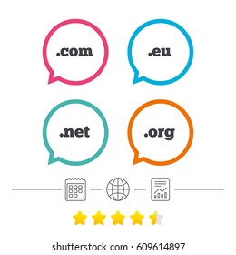 Top-level internet domain icons. Com, Eu, Net and Org symbols. Unique DNS names. Calendar, internet globe and report linear icons. Star vote ranking. Vector