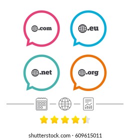 Top-level internet domain icons. Com, Eu, Net and Org symbols with globe. Unique DNS names. Calendar, internet globe and report linear icons. Star vote ranking. Vector