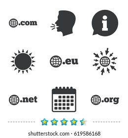 Top-level internet domain icons. Com, Eu, Net and Org symbols with globe. Unique DNS names. Information, go to web and calendar icons. Sun and loud speak symbol. Vector