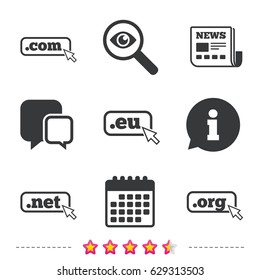 Top-level internet domain icons. Com, Eu, Net and Org symbols with cursor pointer. Unique DNS names. Newspaper, information and calendar icons. Investigate magnifier, chat symbol. Vector