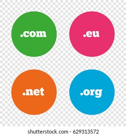 Top-level internet domain icons. Com, Eu, Net and Org symbols. Unique DNS names. Round buttons on transparent background. Vector