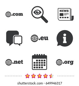 Top-level internet domain icons. Com, Eu, Net and Org symbols with globe. Unique DNS names. Newspaper, information and calendar icons. Investigate magnifier, chat symbol. Vector