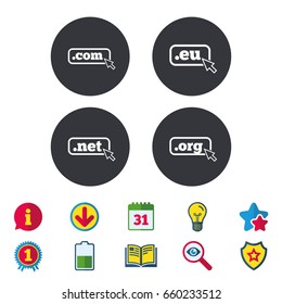 Top-level internet domain icons. Com, Eu, Net and Org symbols with cursor pointer. Unique DNS names. Calendar, Information and Download signs. Stars, Award and Book icons. Vector