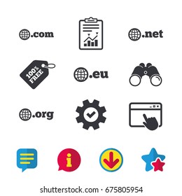 Top-level internet domain icons. Com, Eu, Net and Org symbols with globe. Unique DNS names. Browser window, Report and Service signs. Binoculars, Information and Download icons. Stars and Chat. Vector