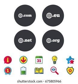 Top-level internet domain icons. Com, Eu, Net and Org symbols with globe. Unique DNS names. Calendar, Information and Download signs. Stars, Award and Book icons. Light bulb, Shield and Search. Vector