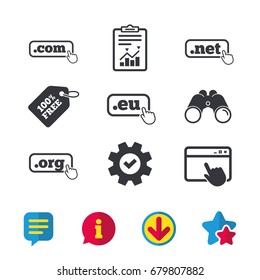 Top-level internet domain icons. Com, Eu, Net and Org symbols with hand pointer. Unique DNS names. Browser window, Report and Service signs. Binoculars, Information and Download icons. Stars and Chat